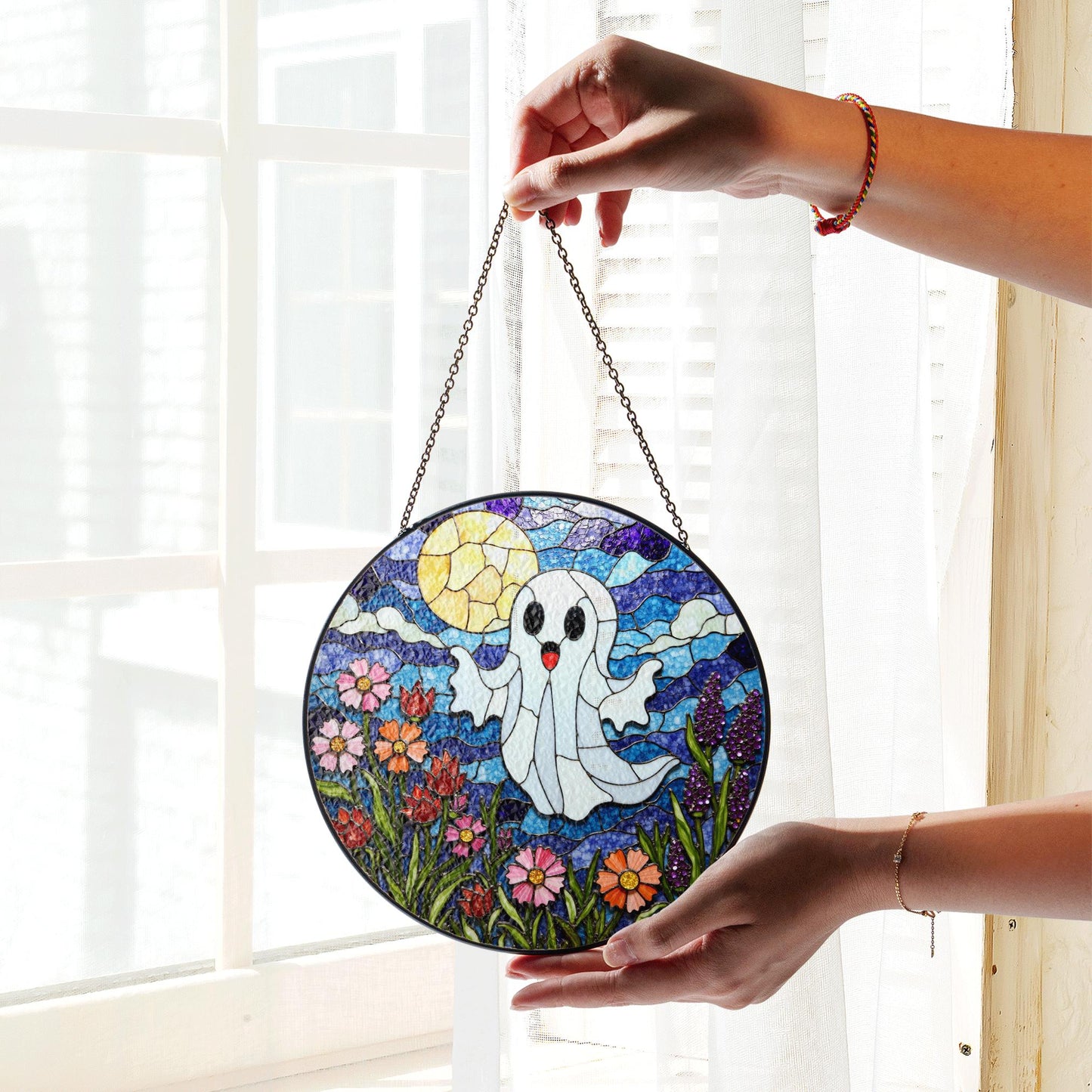 Ghost Stained Glass Suncatcher Halloween Window Decor Gift for Friends