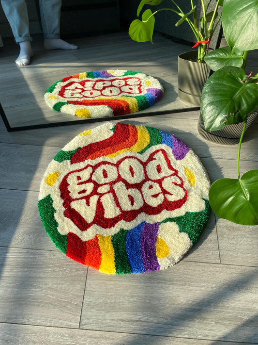 Retro 'Good Vibes' Texted Fluffy Handmade Tufted Rug