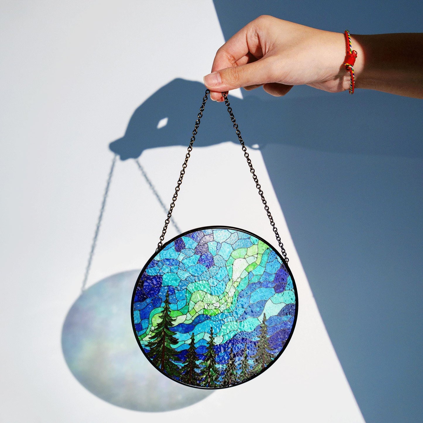 Aurora Borealis Forest Stained Glass Suncatcher Gift for Nature Lovers