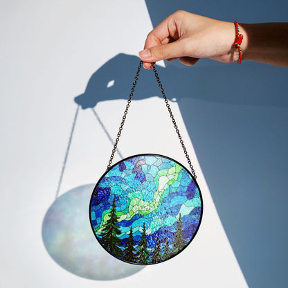 Aurora Borealis Forest Stained Glass Suncatcher Gift for Nature Lovers