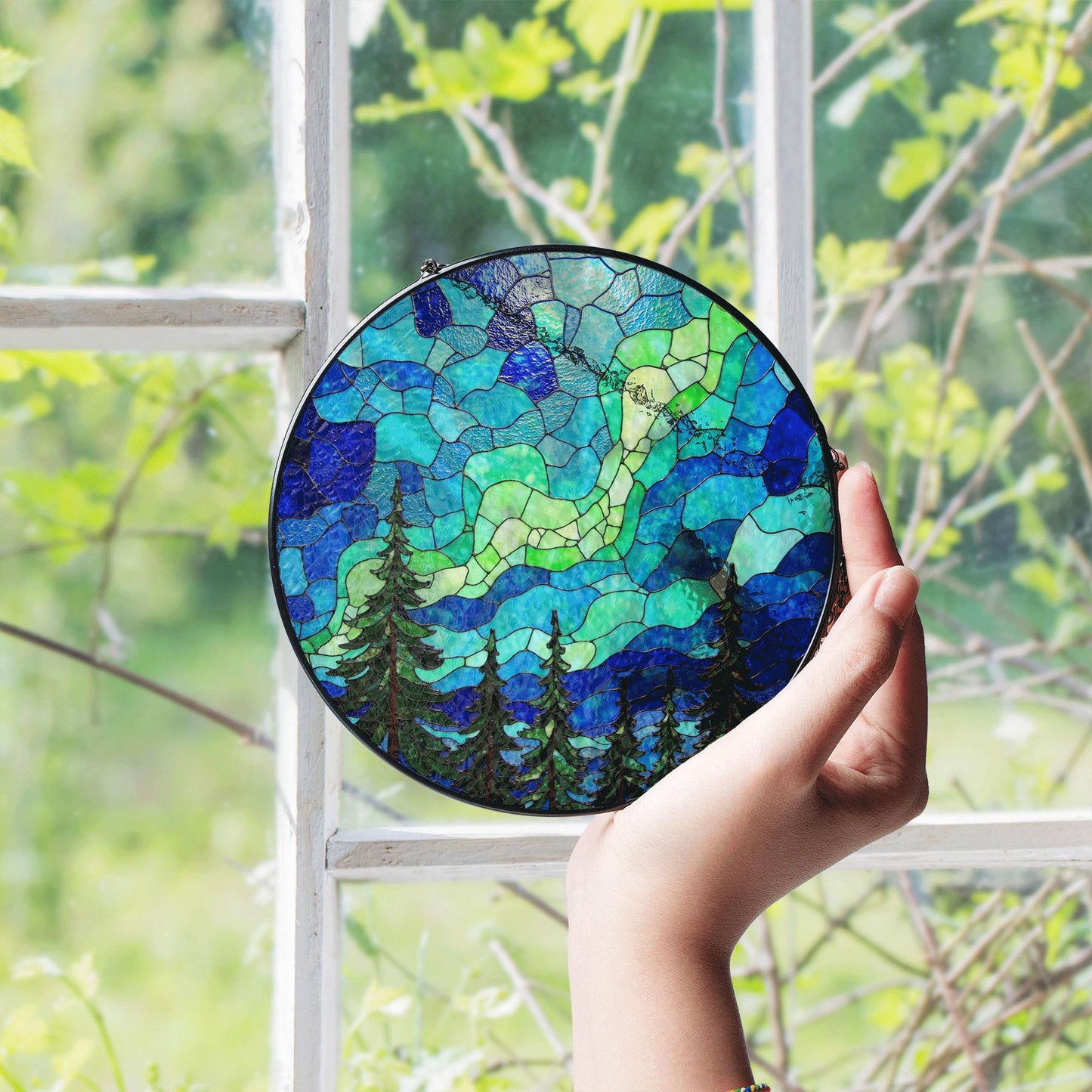 Aurora Borealis Forest Stained Glass Suncatcher Gift for Nature Lovers