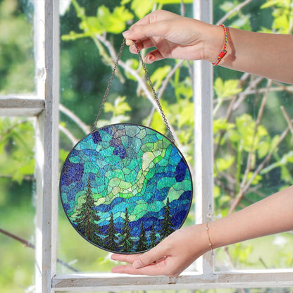 Aurora Borealis Forest Stained Glass Suncatcher Gift for Nature Lovers