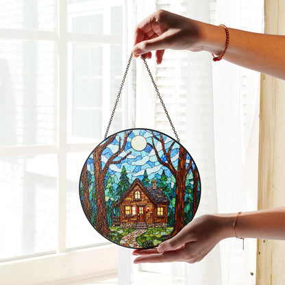 Cabin in Forest Stained Glass Suncatcher Cozy Home Decor Gift for Nature Lovers