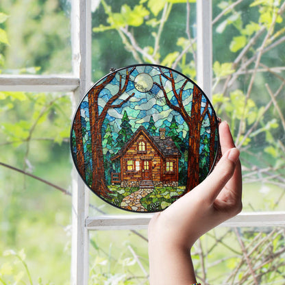 Cabin in Forest Stained Glass Suncatcher Cozy Home Decor Gift for Nature Lovers