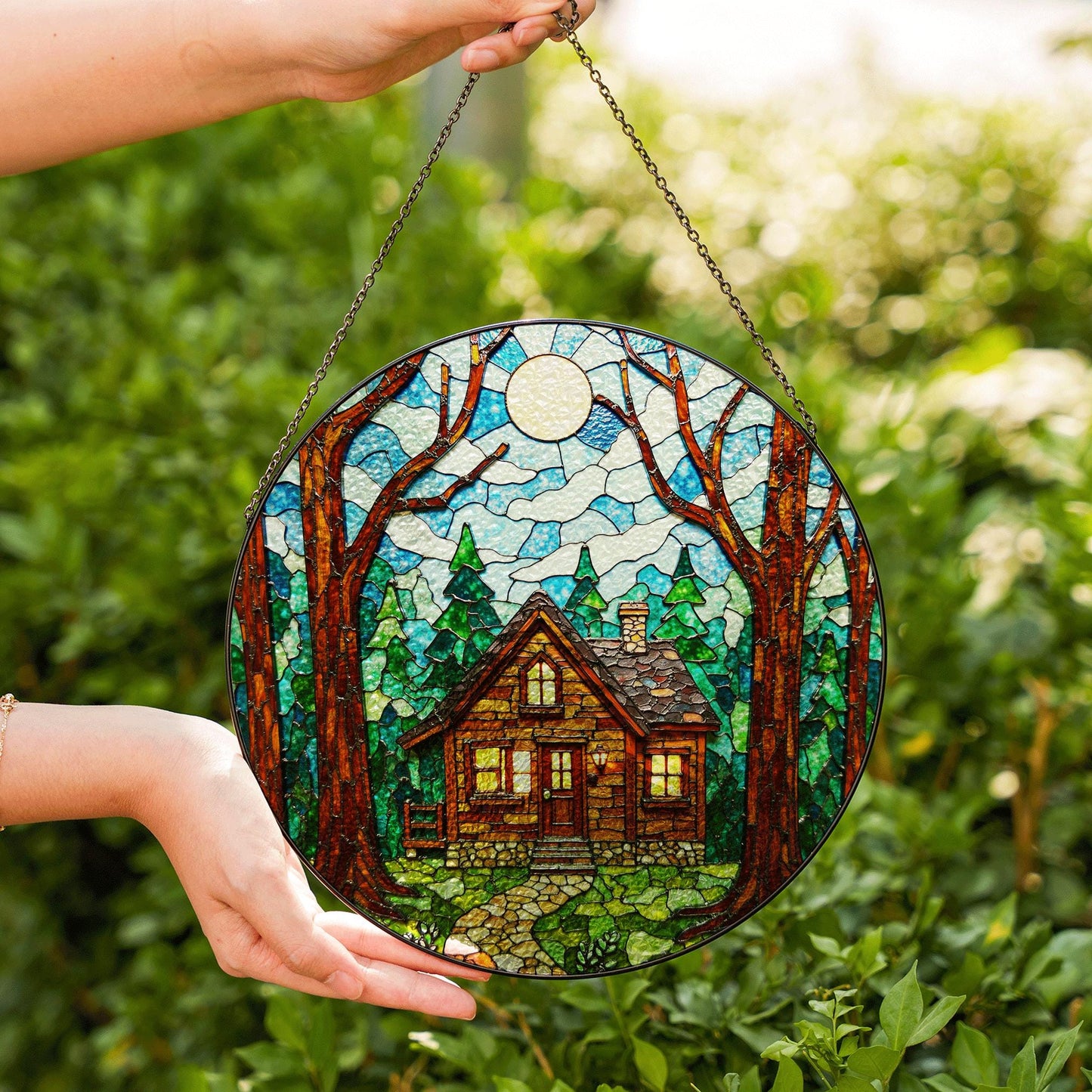 Cabin in Forest Stained Glass Suncatcher Cozy Home Decor Gift for Nature Lovers