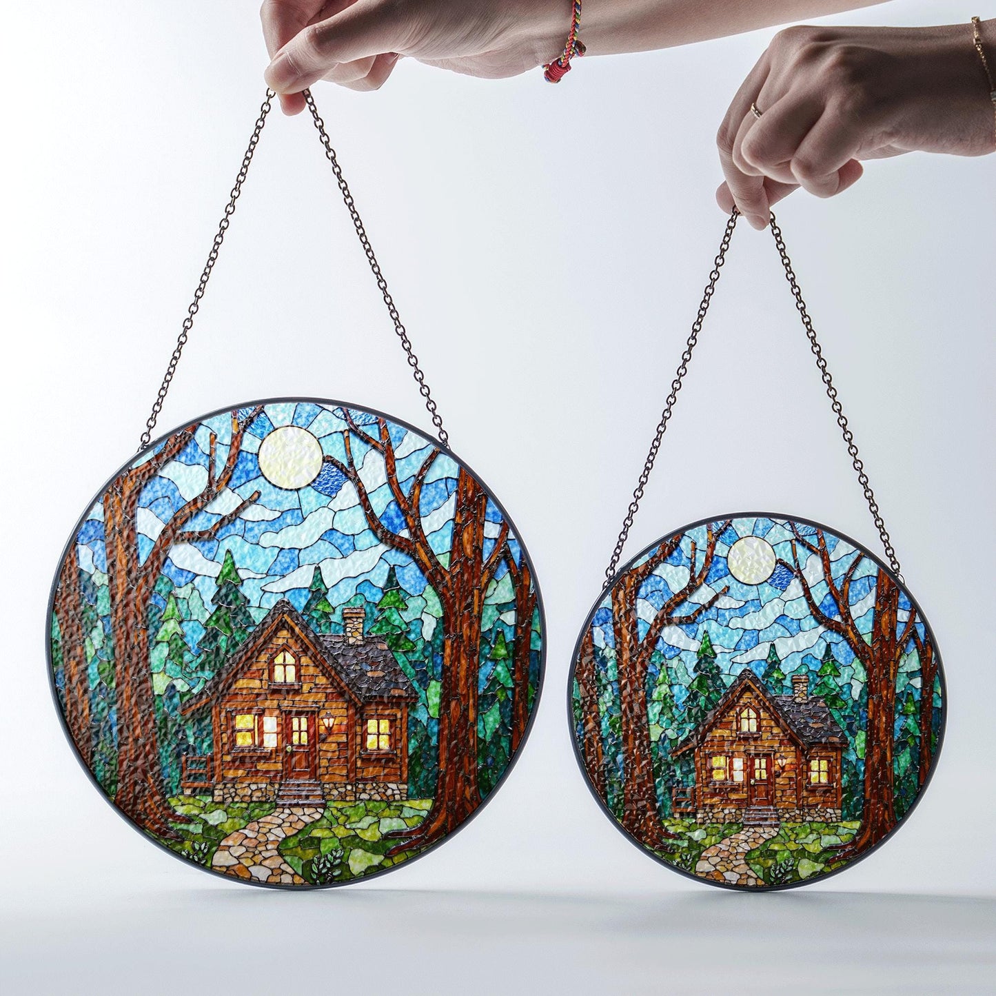 Cabin in Forest Stained Glass Suncatcher Cozy Home Decor Gift for Nature Lovers
