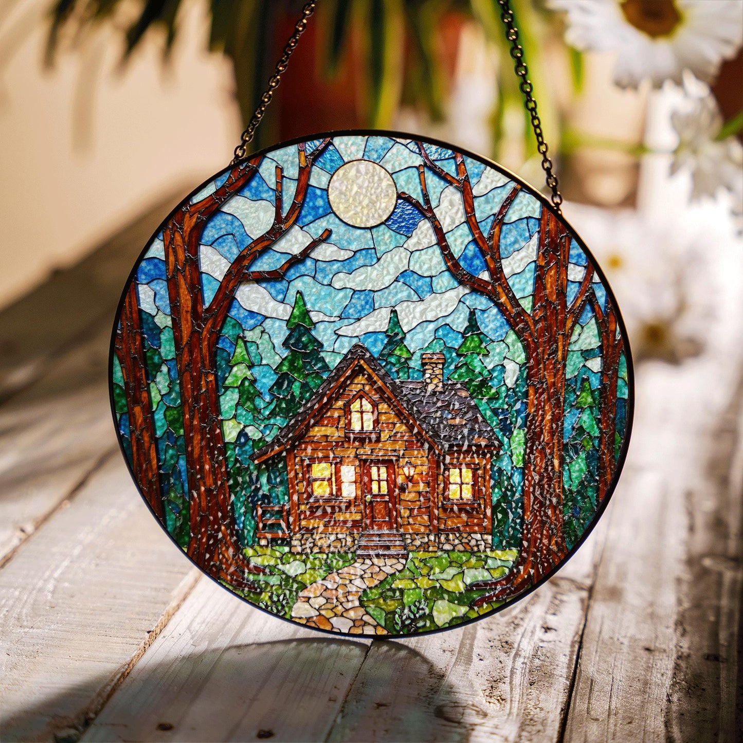 Cabin in Forest Stained Glass Suncatcher Cozy Home Decor Gift for Nature Lovers
