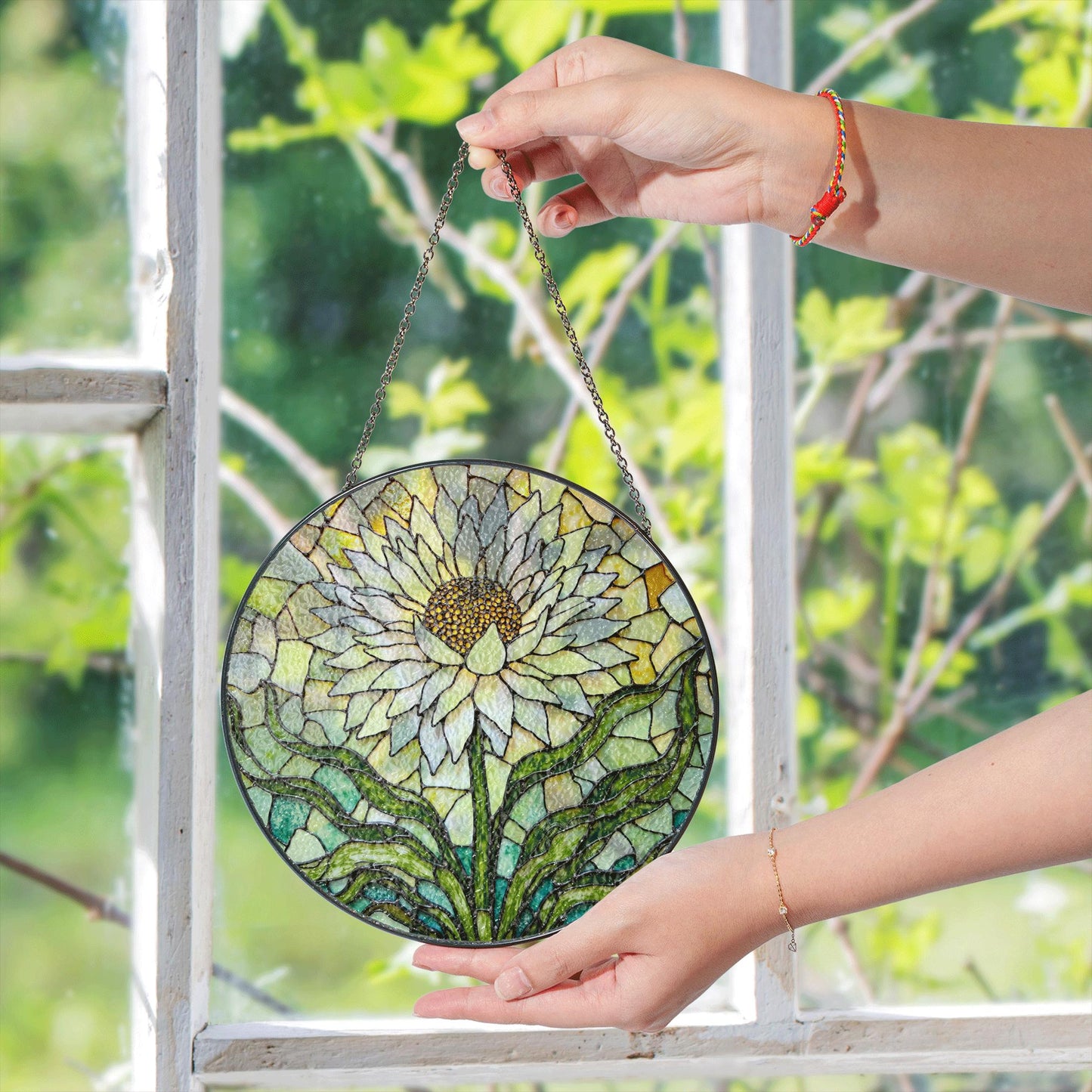 White Flower Stained Glass Suncatcher Window Decor Gift for Mom Grandma
