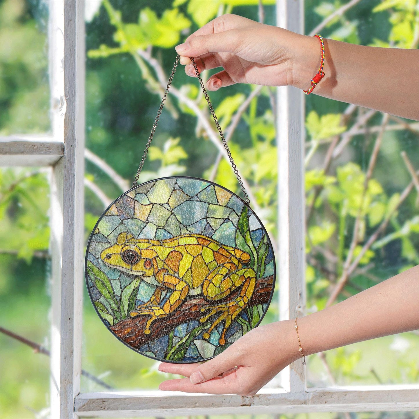 Yellow Frog Stained Glass Suncatcher Window Hanging Gift for Nature Lovers