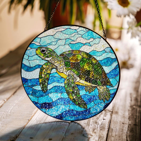 Sea Turtle Stained Glass Suncatcher Ocean Window Hanging Gift for Nature Lovers