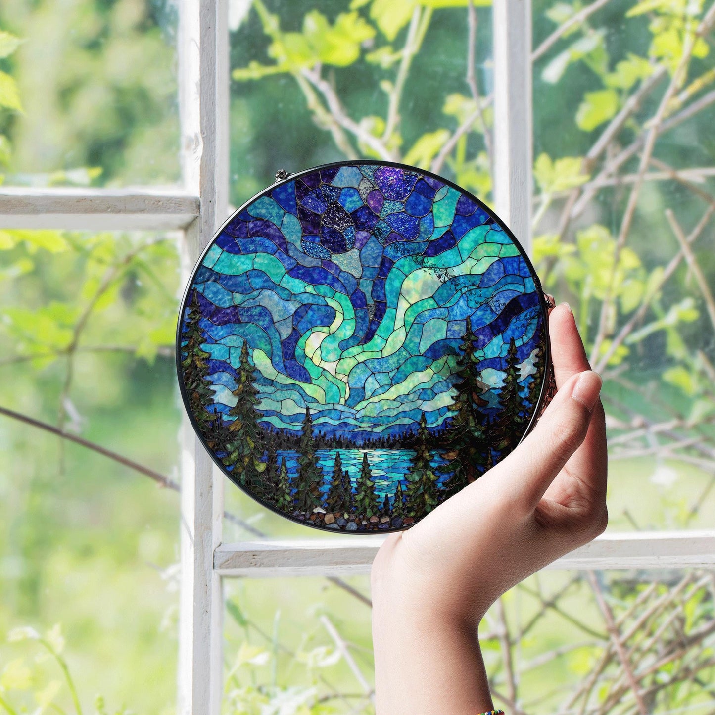 Northern Lights Stained Glass Suncatcher Nature Window Hanging Gift for Nature Lovers