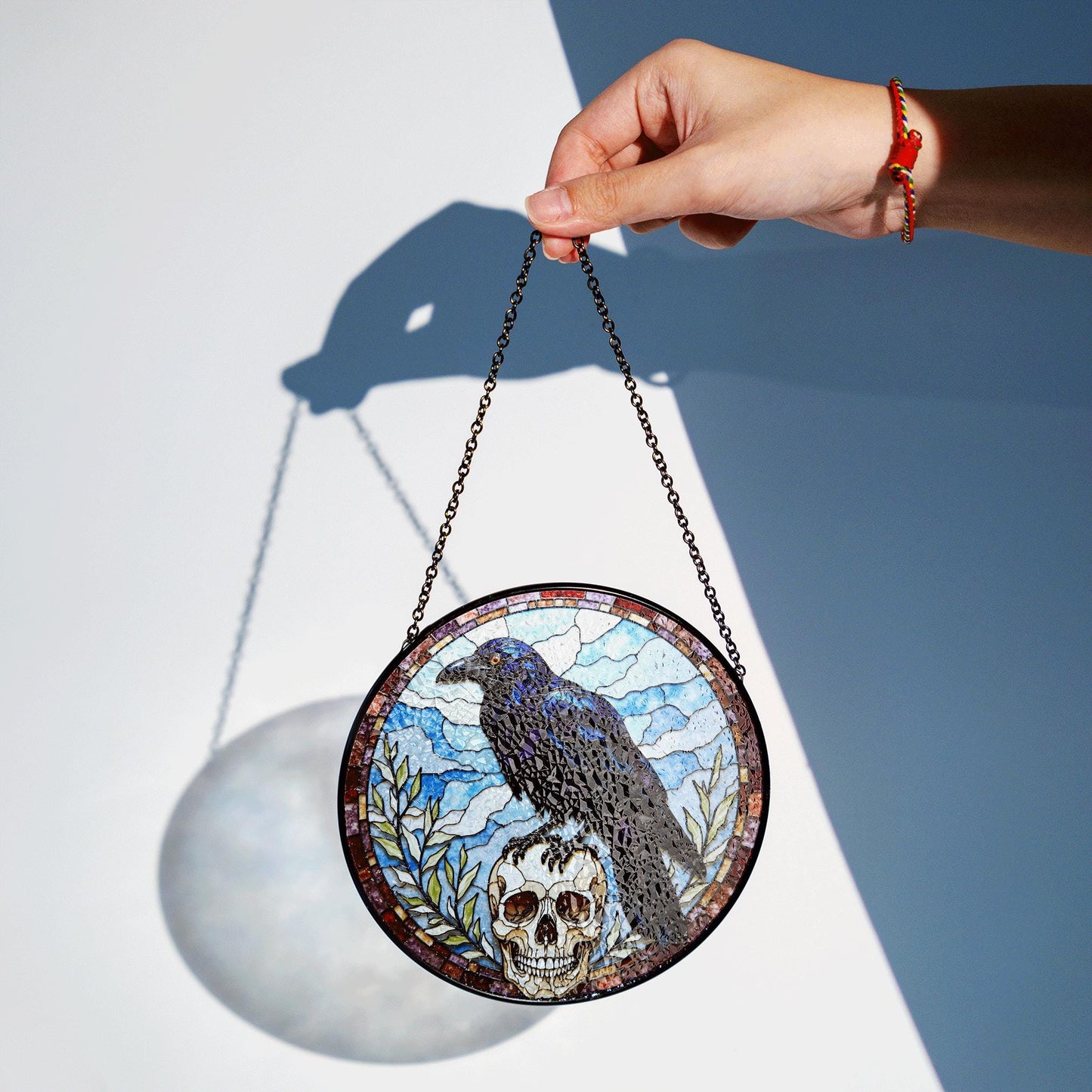Raven Skull Stained Glass Suncatcher Gothic Window Hanging Gift for Nature Lovers