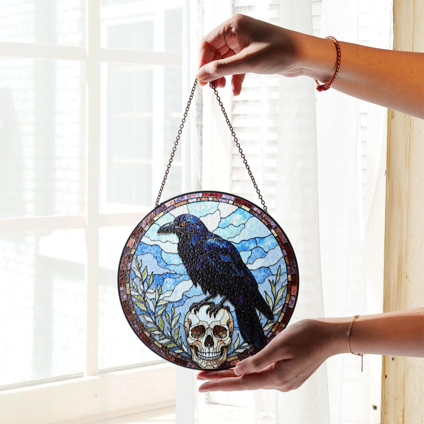 Raven Skull Stained Glass Suncatcher Gothic Window Hanging Gift for Nature Lovers