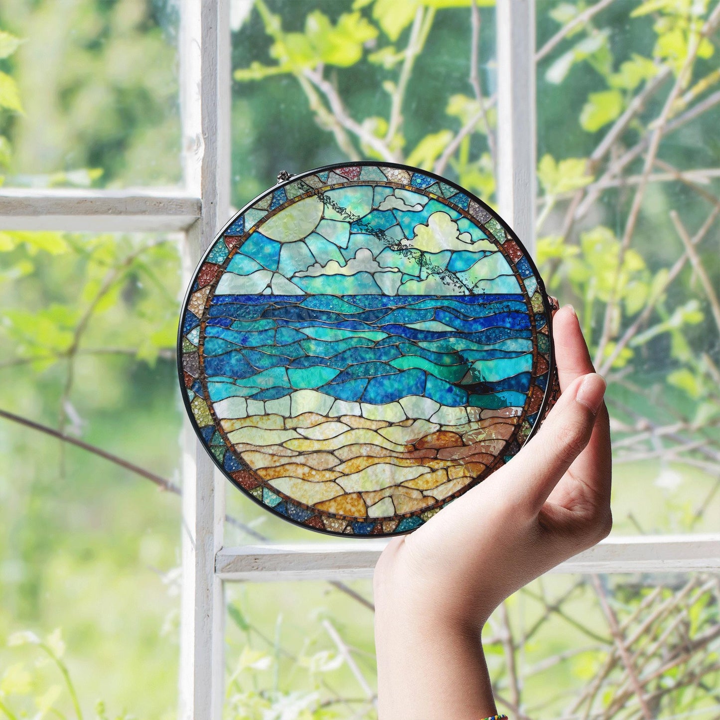 Ocean Beach Stained Glass Suncatcher Window Decor Gift for Nature Lovers