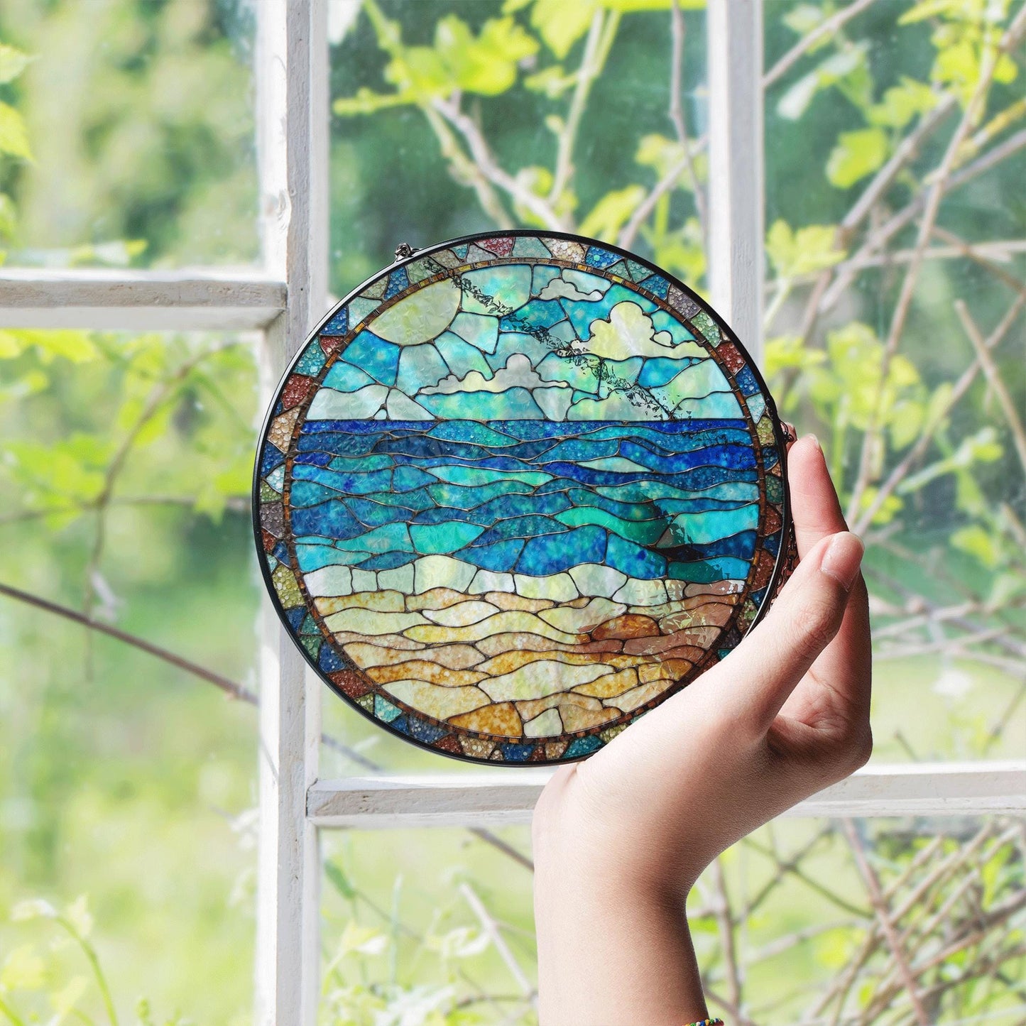 Ocean Beach Stained Glass Suncatcher Window Decor Gift for Nature Lovers