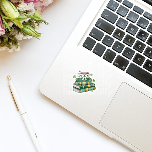 Coffee and Book Stack Lucky Vinyl Sticker | St. Patrick’s Day Sticker | Irish Sticker | Kindle Stickers | Bookish Stickers |