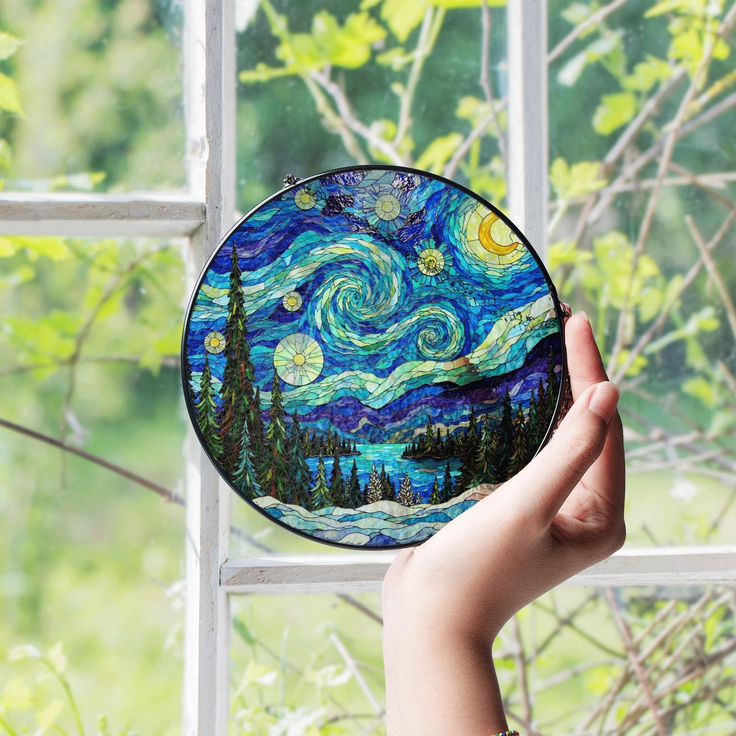 Starry Night Stained Glass Suncatcher Gift for Art Lovers