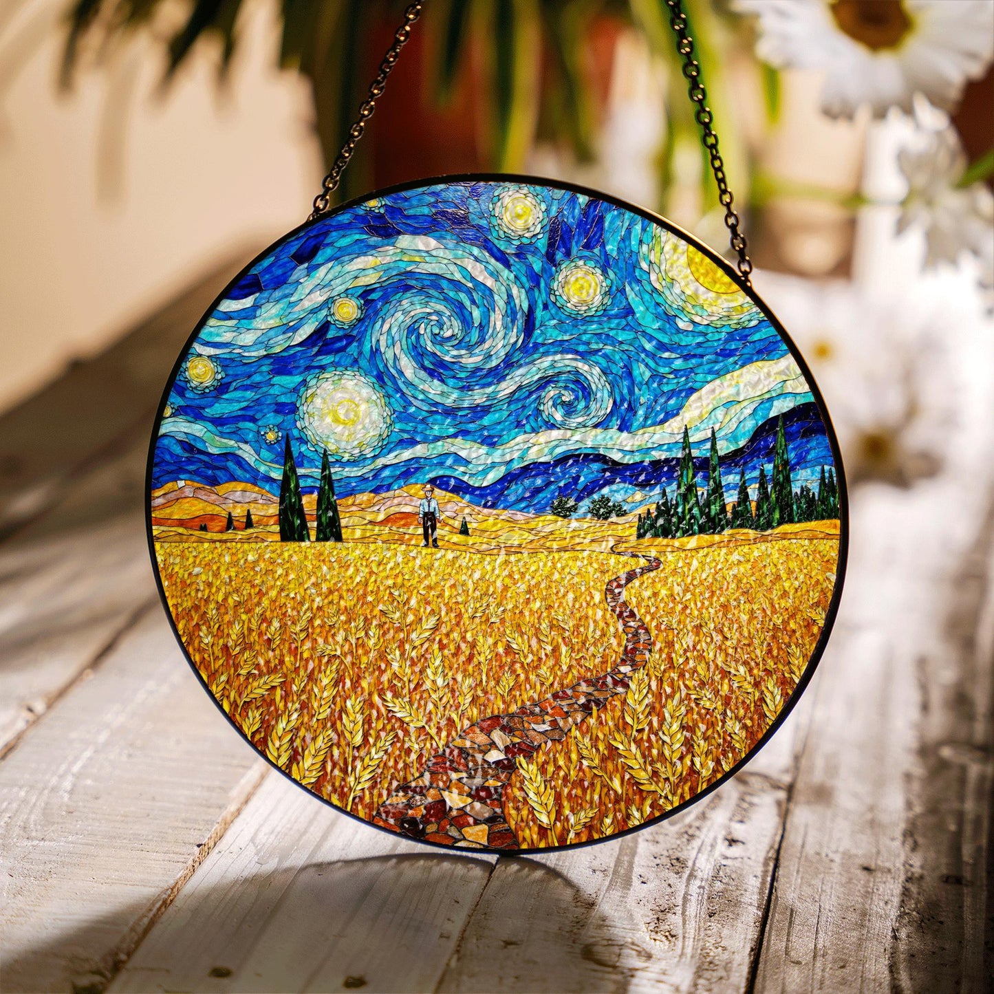 Starry Night Wheat Field Suncatcher Window Hanging Art Gift for Art Lovers
