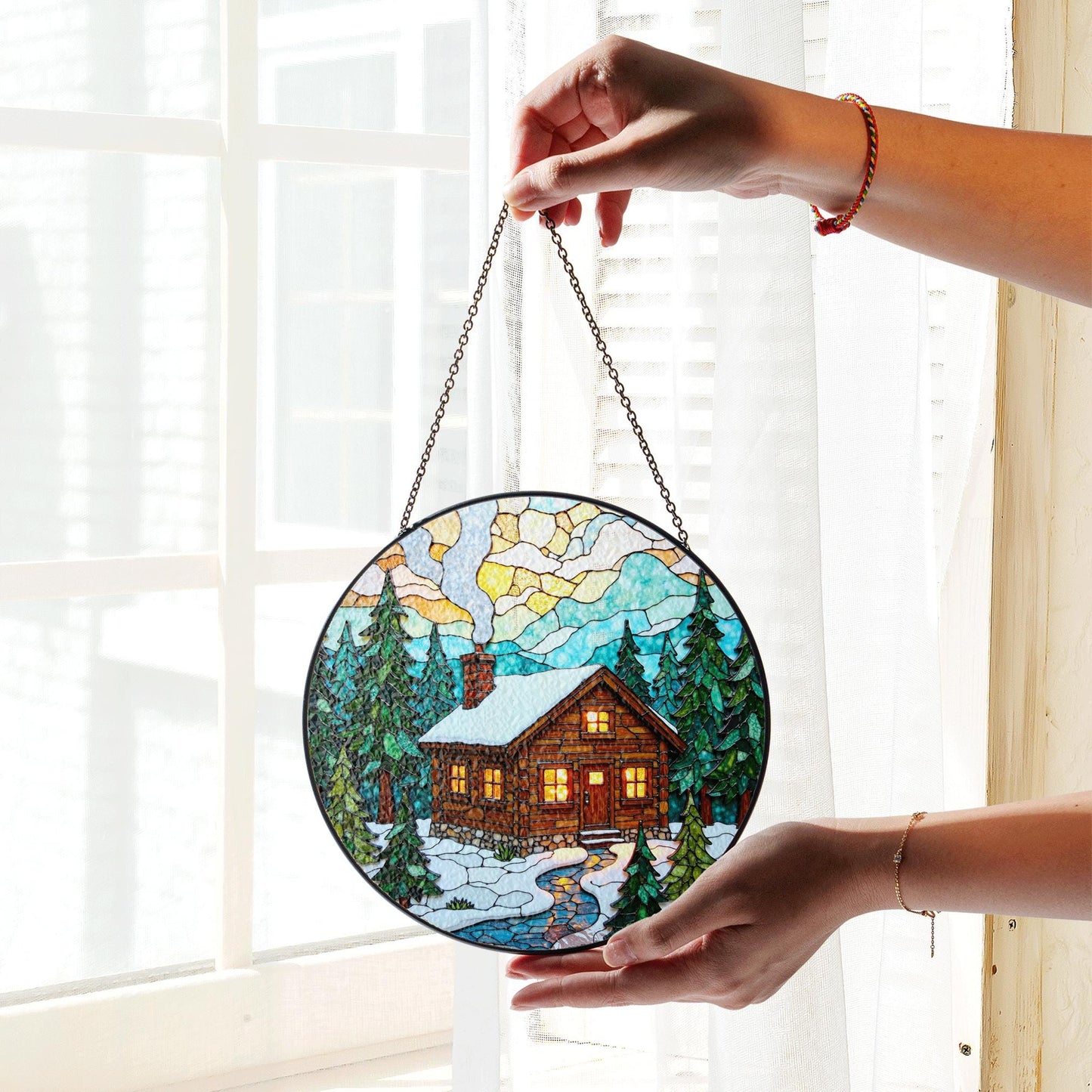 Cozy Cabin Stained Glass Suncatcher Winter Decor Gift for Nature Lovers