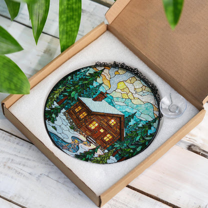 Cozy Cabin Stained Glass Suncatcher Winter Decor Gift for Nature Lovers