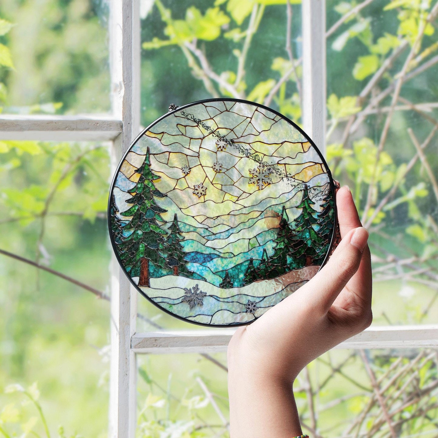 Winter Forest Stained Glass Suncatcher Christmas Gift Home Decor Window Hanging