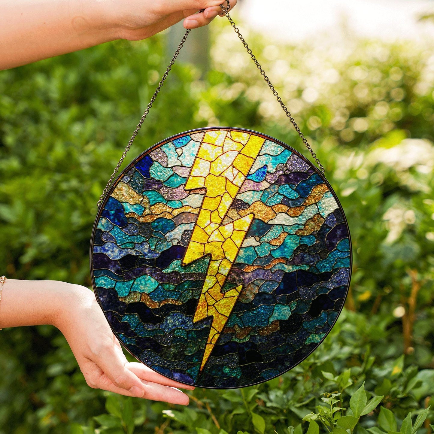 Lightning Bolt Stained Glass Suncatcher Window Hanging Gift for Storm Lovers