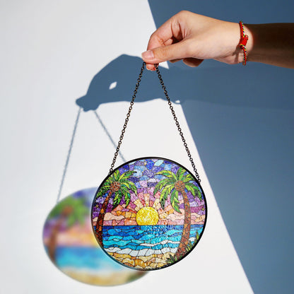 Tropical Beach Sunset Suncatcher Stained Glass Palm Tree Gift for Nature Lovers