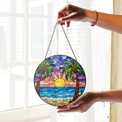 Tropical Beach Sunset Suncatcher Stained Glass Palm Tree Gift for Nature Lovers