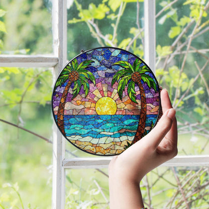 Tropical Beach Sunset Suncatcher Stained Glass Palm Tree Gift for Nature Lovers