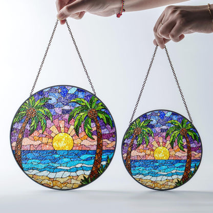Tropical Beach Sunset Suncatcher Stained Glass Palm Tree Gift for Nature Lovers