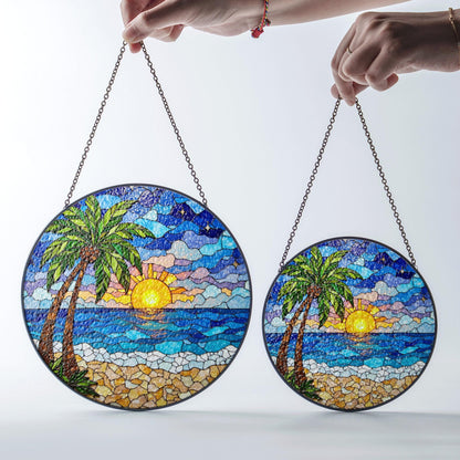 Beach Sunset Palm Tree Suncatcher Stained Glass Window Decor Gift for Mom Friend