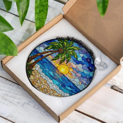 Beach Sunset Palm Tree Suncatcher Stained Glass Window Decor Gift for Mom Friend