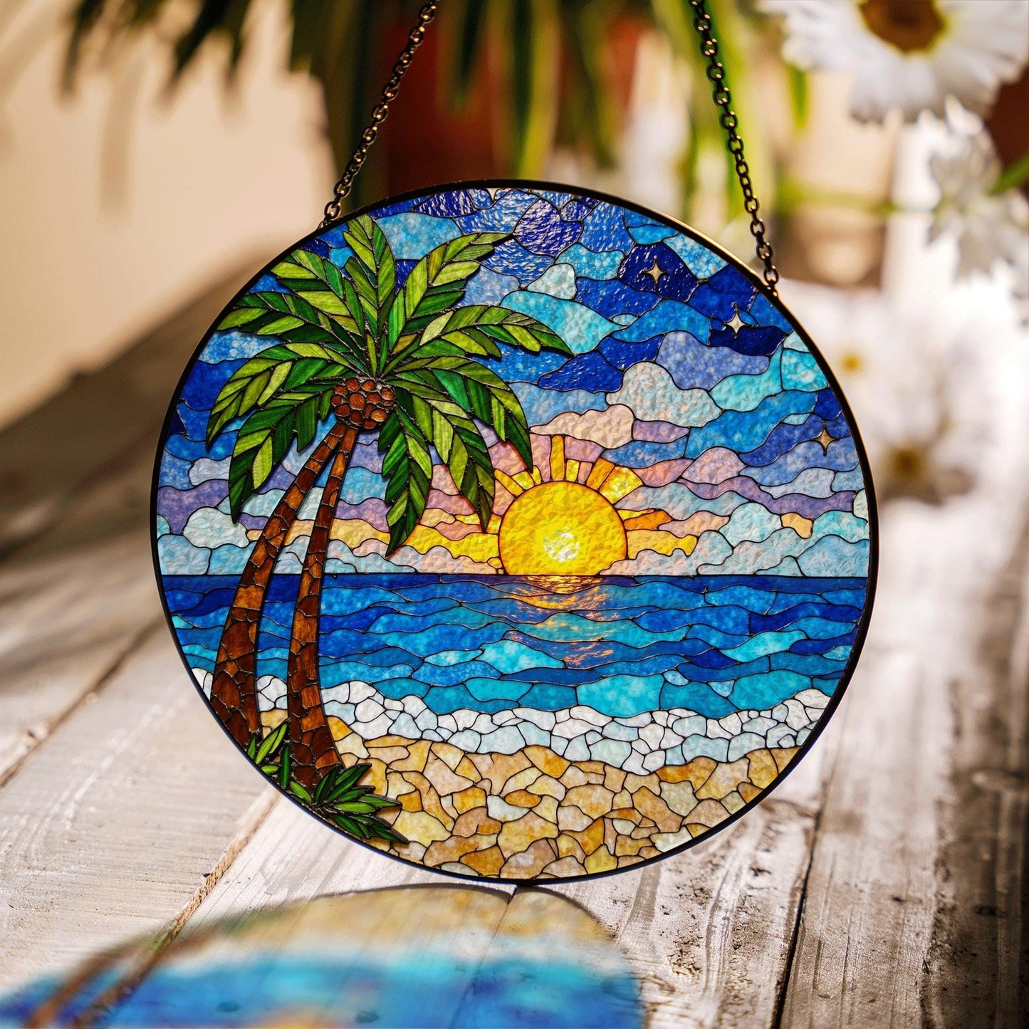 Beach Sunset Palm Tree Suncatcher Stained Glass Window Decor Gift for Mom Friend