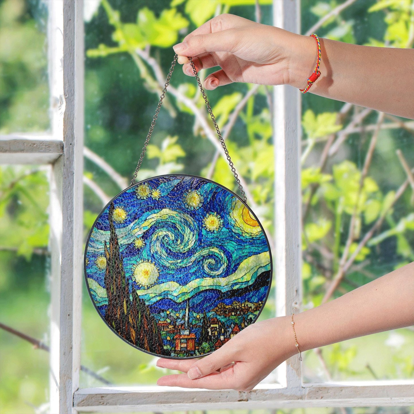 Stained Glass Starry Night Suncatcher Window Hanging Gift for Art Lovers