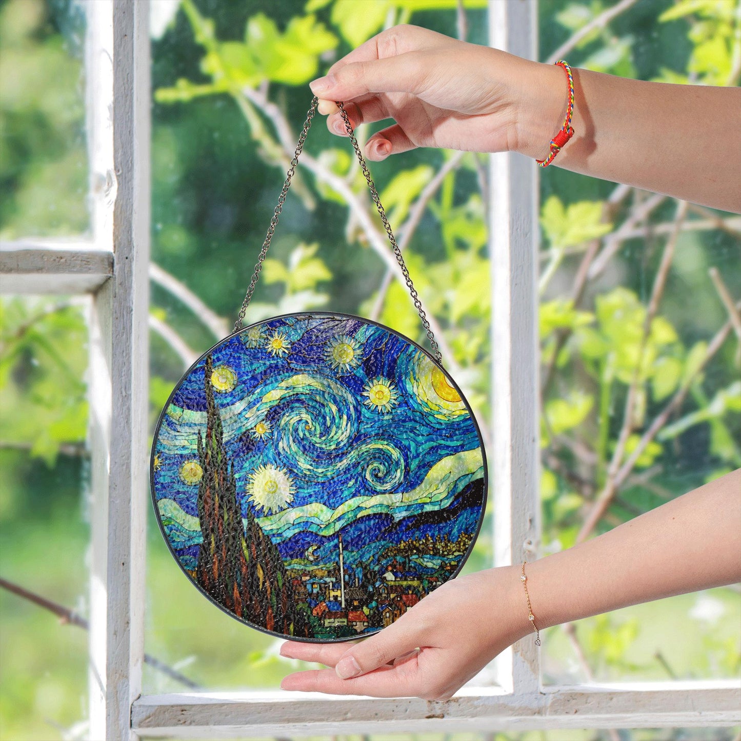 Starry Night Stained Glass Suncatcher Art for Home Window Gift for Art Lovers and Van Gogh Fans