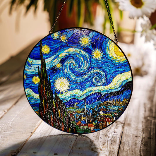 Starry Night Stained Glass Suncatcher Art for Home Window Gift for Art Lovers and Van Gogh Fans