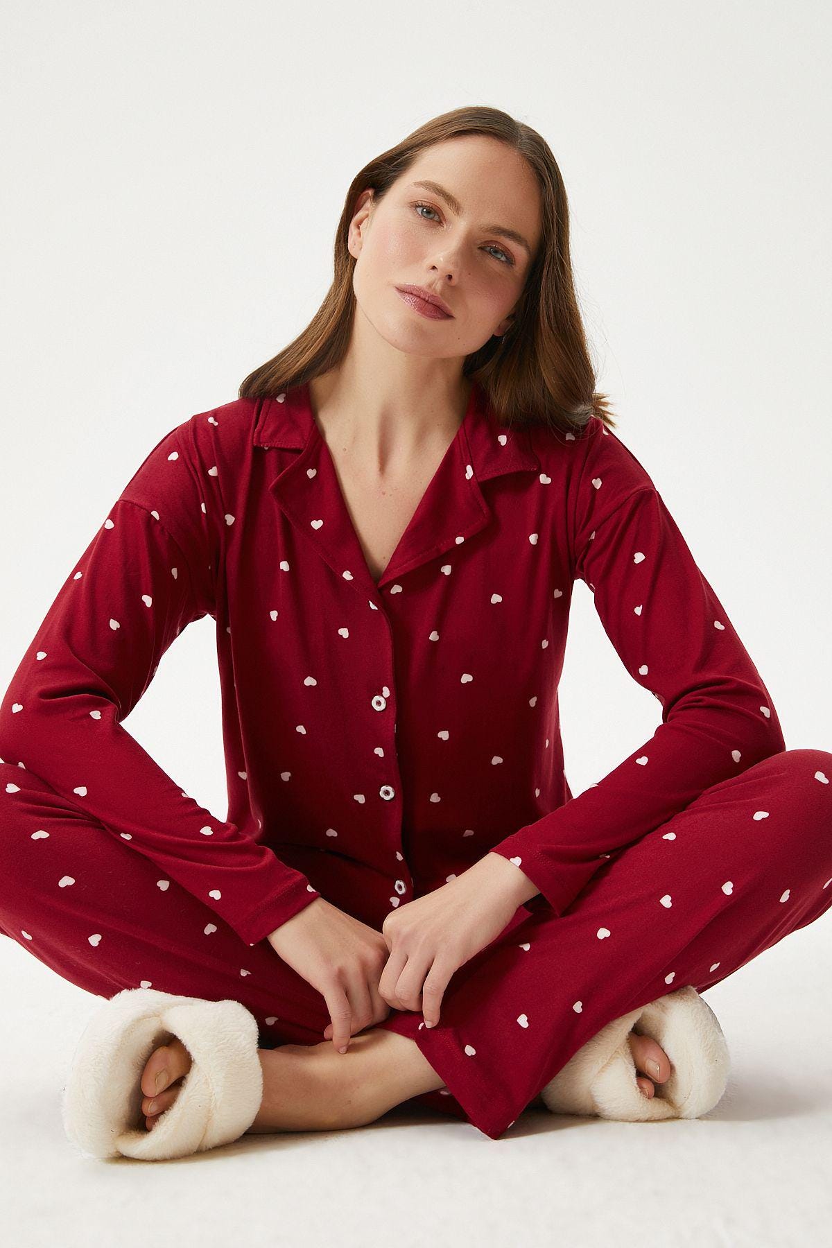 Women's Red Heart Pajama Set – Button-Up Women Pajama Sleepwear, Soft and Cozy Loungewear for Romantic Nights at Home - Gift for Her