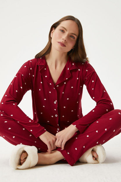 Women's Red Heart Pajama Set – Button-Up Women Pajama Sleepwear, Soft and Cozy Loungewear for Romantic Nights at Home - Gift for Her