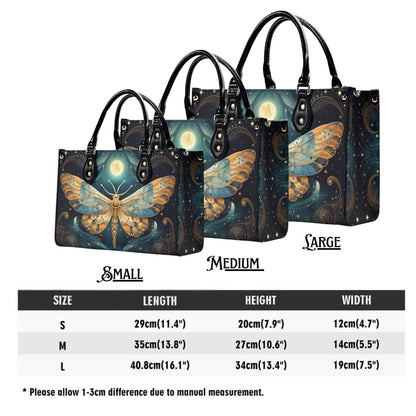 Lunar Moth Chic Tote Handbag. Mystical Handbag, Waterproof PU Leather Tote, Top Handle Vegan Leather, Crossbody, Shoulder bag.
