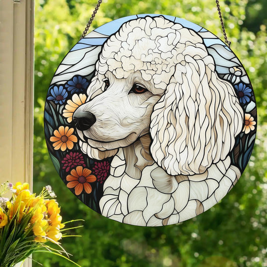 White Poodle: Stained Glass Style Window Hanging