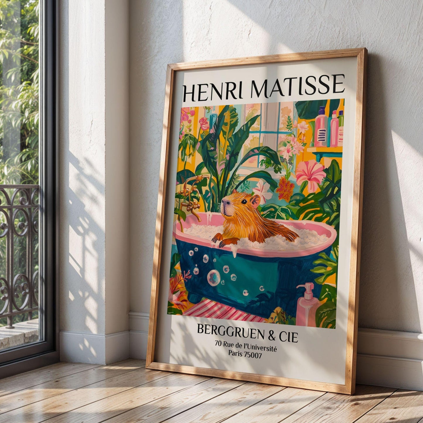 Capybara in Bathtub Print Tropical Pink Bathroom Wall Art Matisse Inspired Animal Poster Aesthetic Spa Decor for Home Wall Art