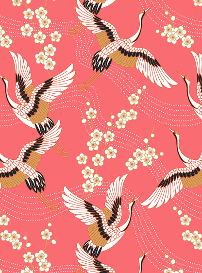 Japanese Crane on Coral Women’s Pyjama Trouser Set | Organic Cotton Long Sleeve PJs | Elegant Bird Print Sleepwear Gift