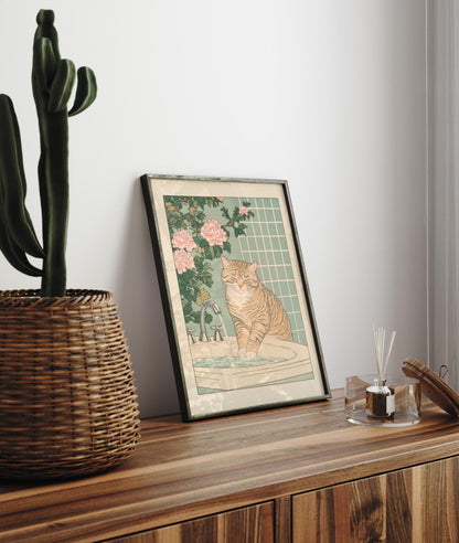 Tabby Cat Bathroom Print: Ukiyo-e Japanese Wall Art