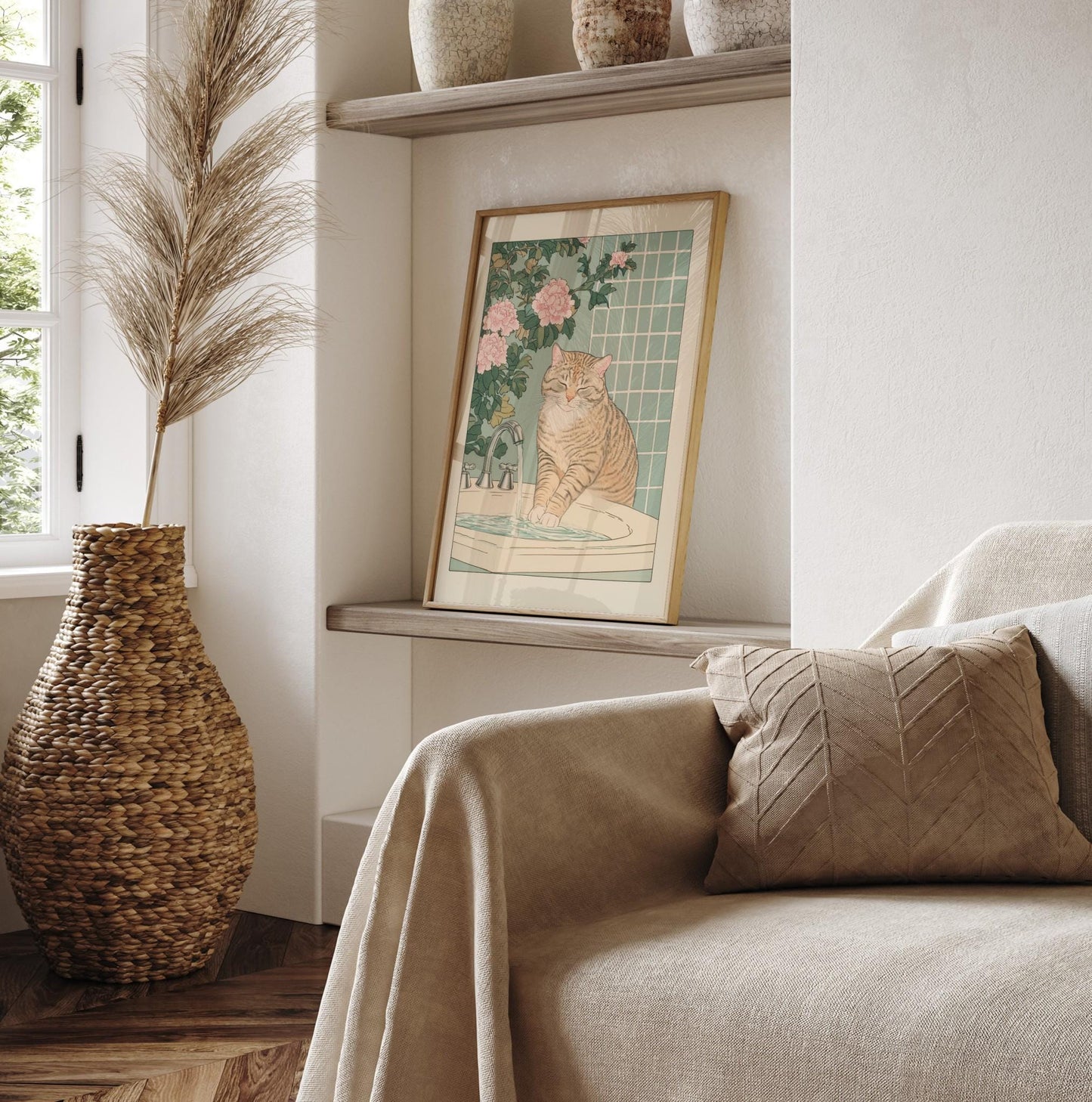 Tabby Cat Bathroom Print: Ukiyo-e Japanese Wall Art