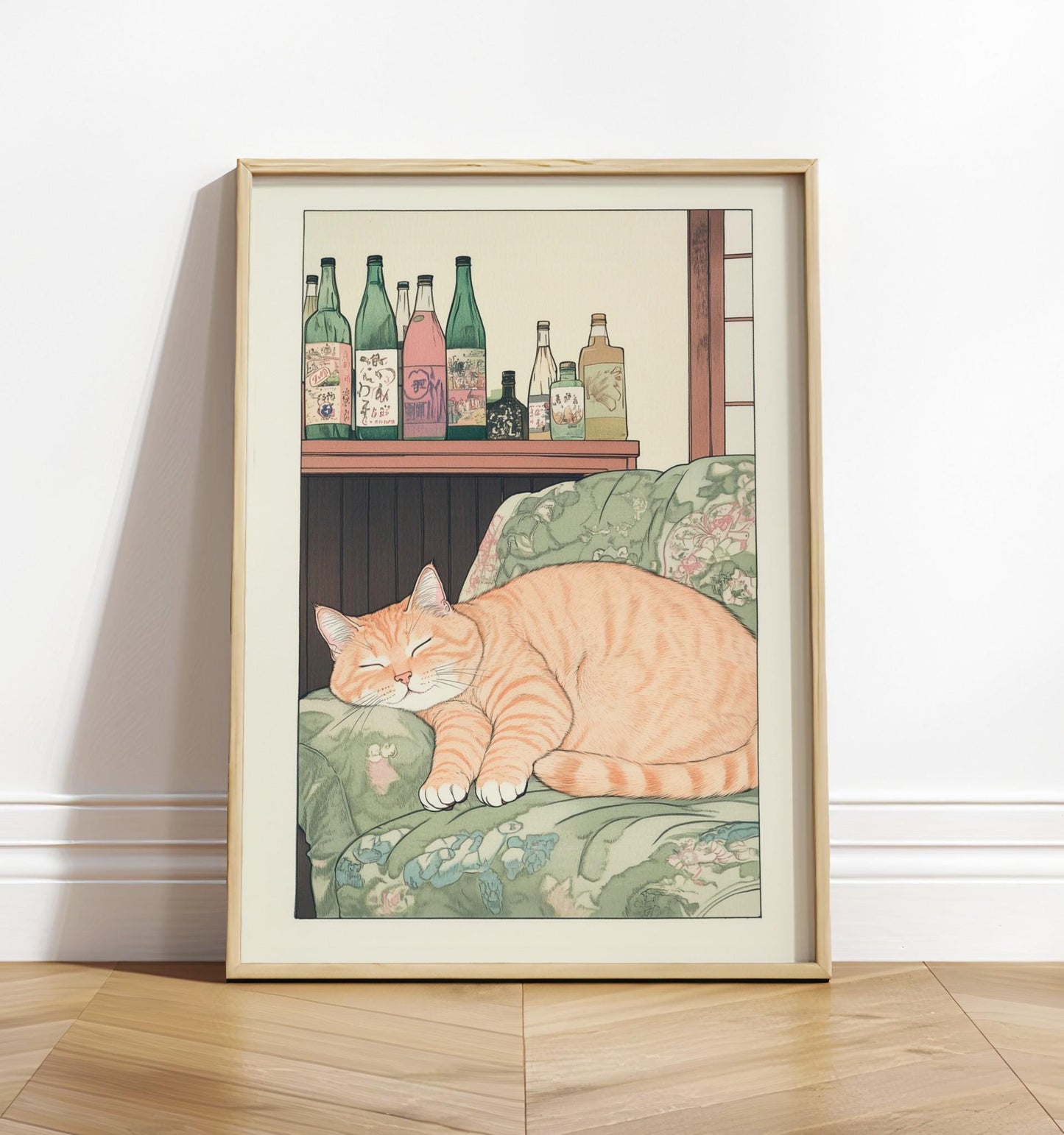 Sleeping Tabby Cat Print: Ukiyo-e Japanese Bedroom Wall Art
