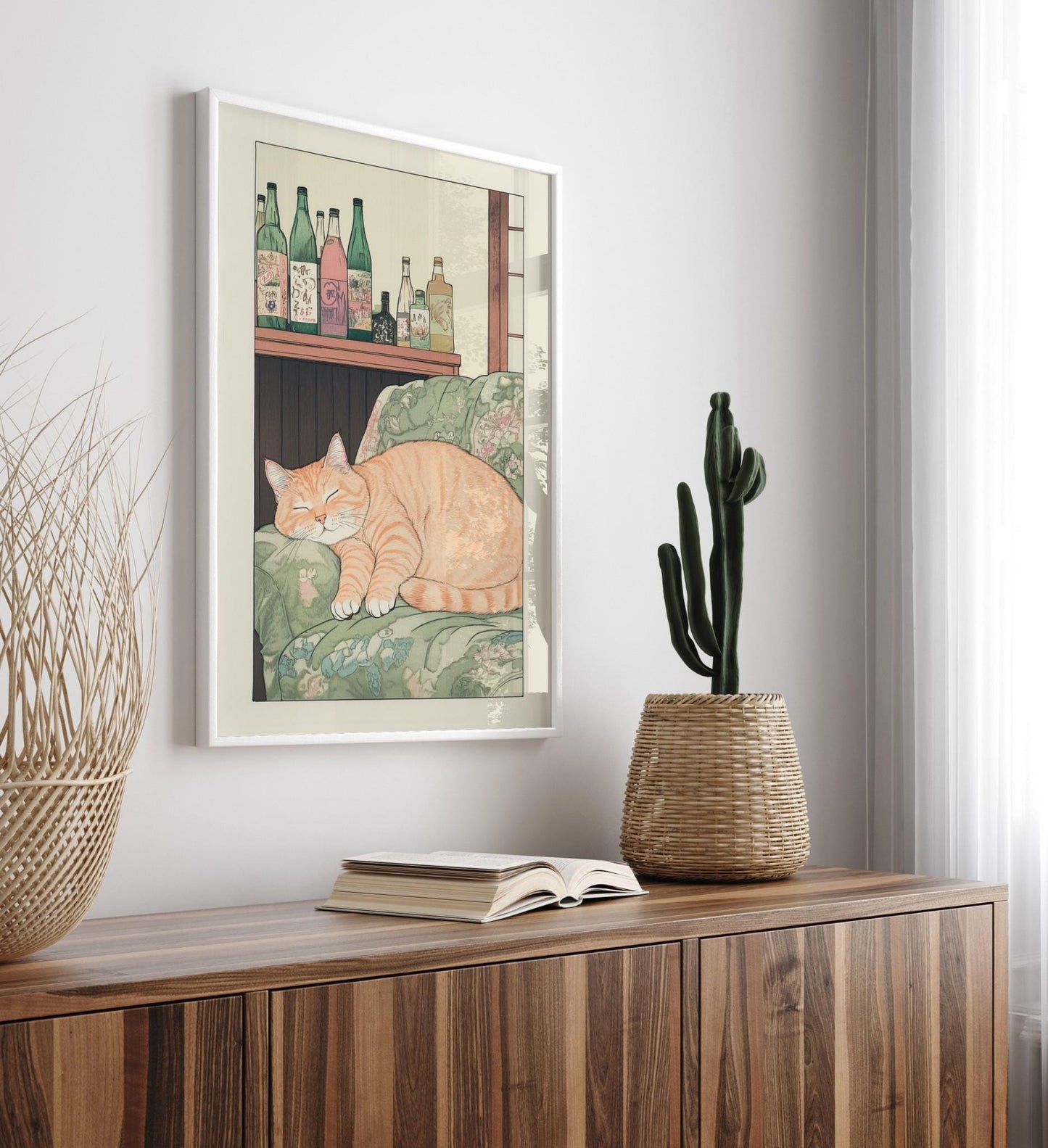 Sleeping Tabby Cat Print: Ukiyo-e Japanese Bedroom Wall Art