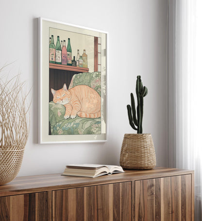 Sleeping Tabby Cat Print: Ukiyo-e Japanese Bedroom Wall Art