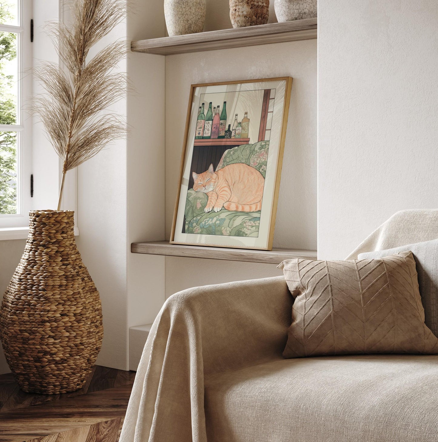 Sleeping Tabby Cat Print: Ukiyo-e Japanese Bedroom Wall Art