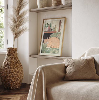 Sleeping Tabby Cat Print: Ukiyo-e Japanese Bedroom Wall Art