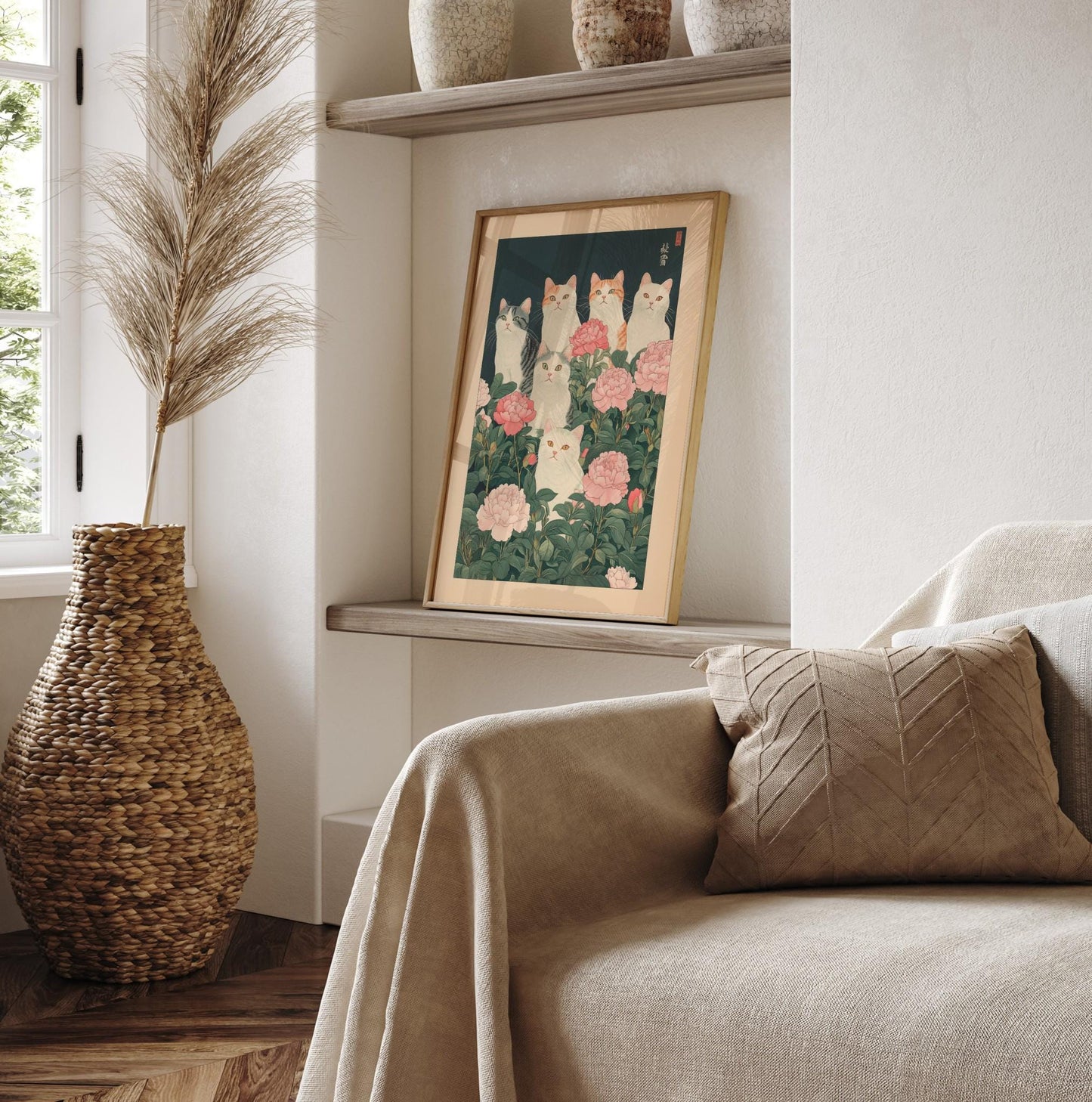 Cats in Flowers Print: Vintage Japanese Ukiyo-e Art